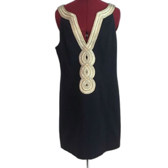 Lilly Pulitzer Valli Shift Dress Women's Size 14 Navy Blue w/Gold & Silver Trim - Picture 3 of 12